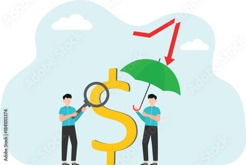 Loss of money, profit from investments and deposits, decrease in business value, financial or economic collapse, defeat or failure in the foreign exchange market, man falls from a broken dollar.
