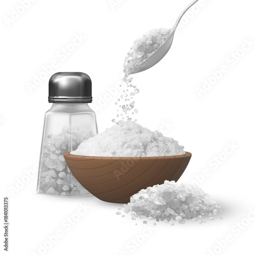 Realistic salt or sugar crystal powder pile in bowl, spoon and salt shaker composition, 3d vector cooking ingredient