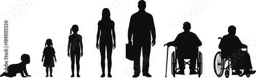 Silhouette of human life stages, aging, growth, development, childhood, adulthood, elderly, timeline, evolution, journey, people, progression, lifespan, aging concept