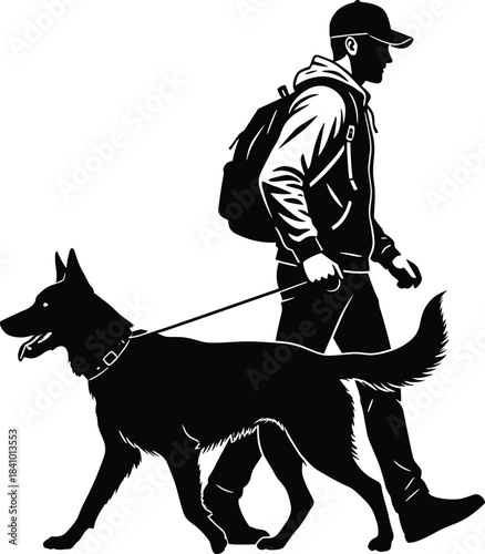 Silhouette of person walking dog, leash, German Shepherd, outdoor activity, pet care, companionship, hoodie, backpack, obedience, lifestyle, bondingVVVVVVVV
