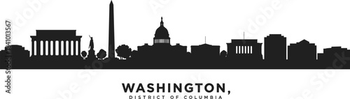 Washington D.C. skyline silhouette, iconic monuments vector, Lincoln Memorial, Washington Monument, U.S. Capitol, Jefferson Memorial, federal buildings, minimalist illustration