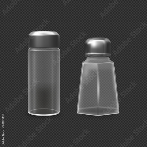 Realistic empty glass containers of various shapes with metal lids for salt and pepper.