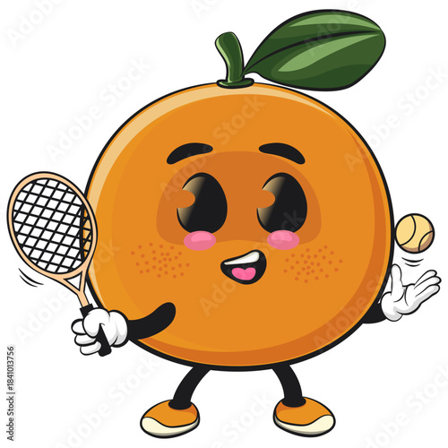 cute orange mascot character playing tennis, happy mandarin fruit cartoon vector illustration, work of hand drawn