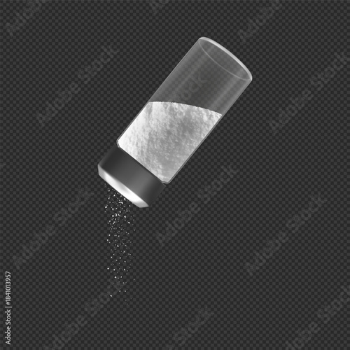 A round glass container with a metal lid pouring salt. Seasoning, ingredient, cooking.