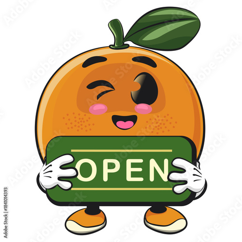 cute orange mascot character showing a sign that says open, happy mandarin fruit cartoon vector illustration, work of hand drawn
