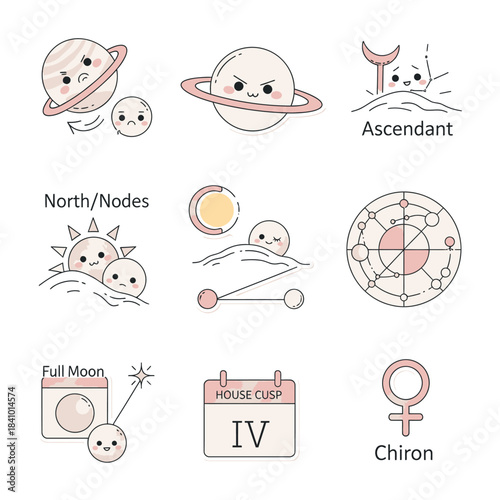 A charming collection of cute, minimalist astrological and astronomical icons, featuring planets, moon phases, and chart elements, perfect for modern spiritual designs.