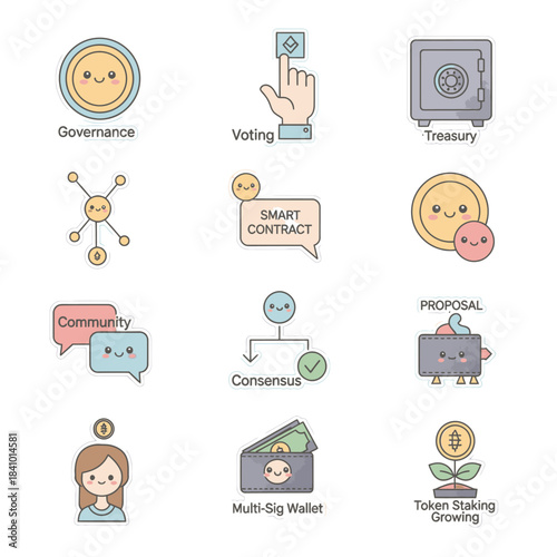 Flat vector icons illustrating key decentralized autonomous organization concepts: governance, voting, smart contracts, treasury, for blockchain and crypto.