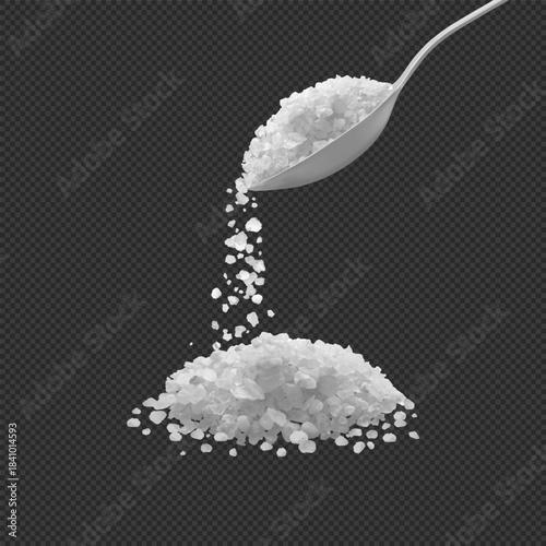 Realistic salt or sugar crystals pouring from spoon, powder pile, 3d vector white natural mineral grains falling effect