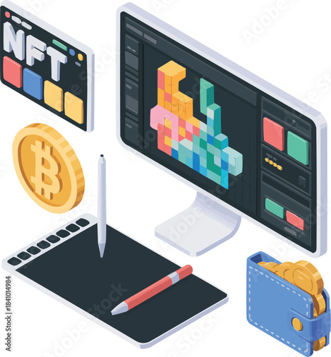 NFT Art Creation Tools Isometric Vector Set of Digital Drawing Equipment and Software