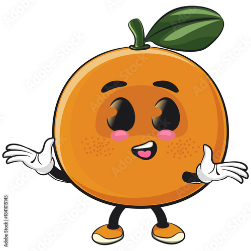cute orange mascot character welcome with open hands, happy mandarin fruit cartoon vector illustration, work of hand drawn