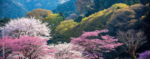Vibrant cherry blossom trees Sakura in full bloom on a beautiful hillside in Japan during the spring season. Colorful panoramic landscape with pink and white flowers.