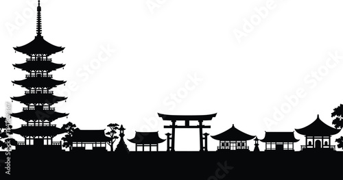 Silhouette of Japanese pagoda, torii gate, traditional shrine buildings, curved tiled roofs, stylized trees, cultural landscape, minimalist black vector illustration