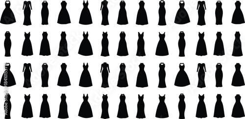 Silhouettes of 50 diverse dress designs showing neckline, sleeve, waist, and skirt variations for fashion and design use