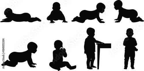 Silhouettes of baby development stages from lying to standing showing motor milestones for growth, education, and design use