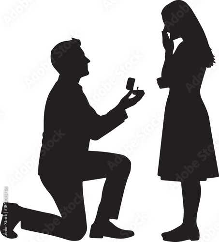 Silhouette of a man proposing marriage to a woman with a ring