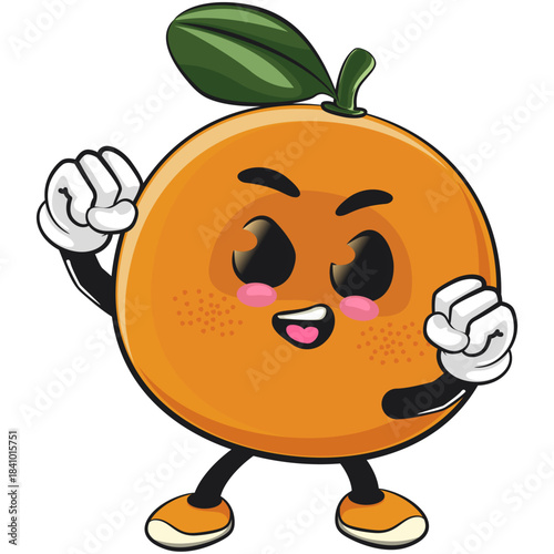cute orange mascot character excited by punching upwards, happy mandarin fruit cartoon vector illustration, work of hand drawn