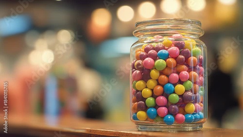 Colorful candy filling glass jar