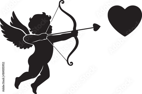 Cupid silhouette aiming arrow at a black heart