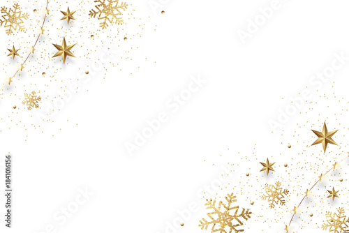 Elegant white background decorated with golden snowflakes, stars, and sparkling glitter accents, creating a luxurious and festive Christmas frame perfect for holiday cards, invitations, and seasonal d