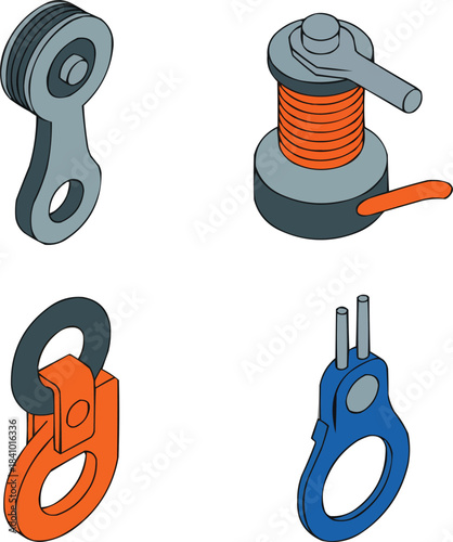 Industrial Rope Tools Isometric Icons  Pulley, Rope Winch, and Tie-Off Hook
