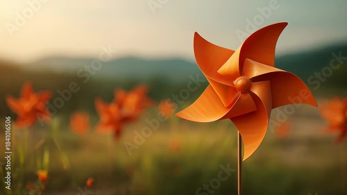 Windmill spinning in field with blurred background