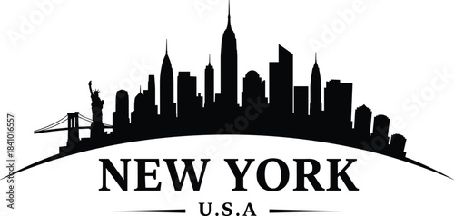 New York City skyline vector illustration, Statue of Liberty silhouette, Brooklyn Bridge, Empire State Building, urban travel poster, USA landmark, minimalist black skyline
