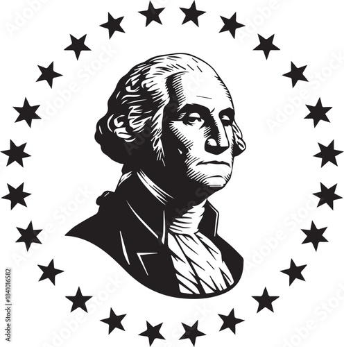 George washington portrait surrounded by stars emblem