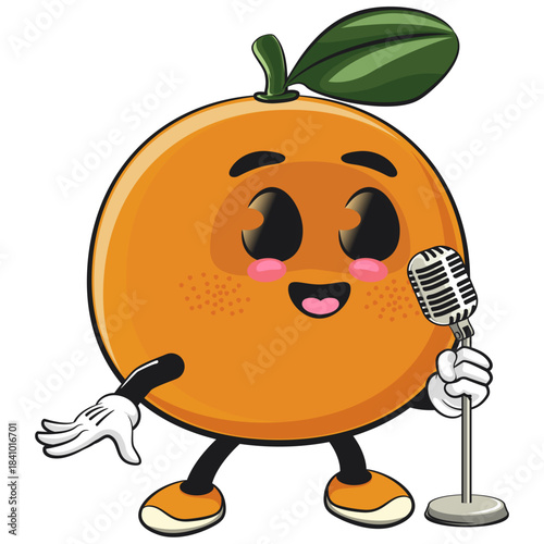 cute orange mascot character on front of the mic, happy mandarin fruit cartoon vector illustration, work of hand drawn