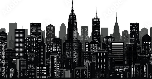 New York skyline silhouette vector, black and white city skyline, skyscraper skyline with illuminated windows, Empire State style spire, urban nightscape illustration