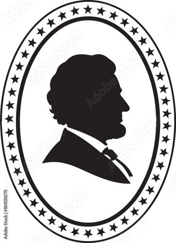 Silhouette profile of abraham lincoln in an oval frame with stars