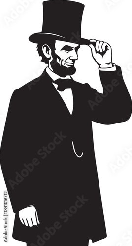 Abraham lincoln in a top hat and suit tipping his hat