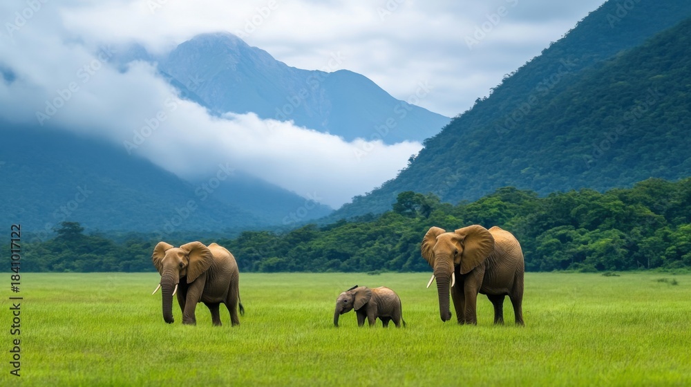 Fototapeta premium Majestic Elephants Grazing in Lush Green Landscape Under Cloudy Mountains