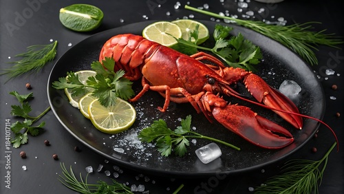 Cooked lobster with lemon on wooden board