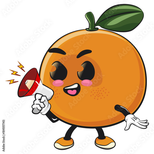cute orange mascot character shouting with a loudspeaker, happy mandarin fruit cartoon vector illustration, work of hand drawn