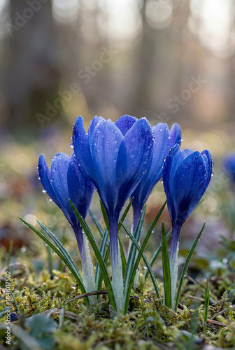 Blue Crocus Spring Flowers Covered in Water Droplets