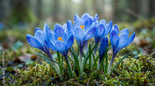 Blue Crocus Spring Flowers Covered in Water Droplets