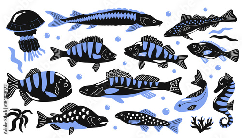 Set of various sea underwater monochrome cartoon funky exotic animals: fish, seaweed, jellyfish, coral reef, seahorse. Different ocean aquatic marine creatures, species vector illustration stickers