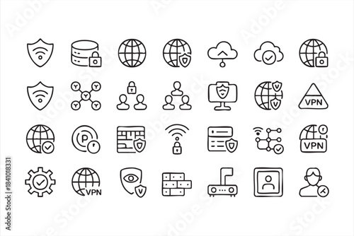 Cybersecurity and VPN Line Icons for Network Protection, Privacy Platforms and Secure Connection Tools