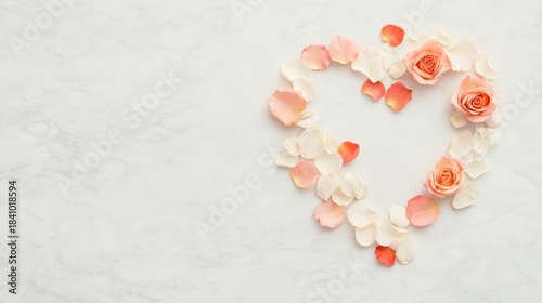Top view of heart shape made from pink rose petals and buds on white marble surface with copy space. Romantic atmosphere of valentine day