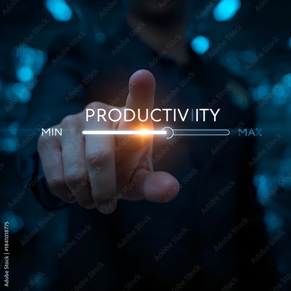 Obraz premium Optimizing Business Output A Hand Adjusting a Digital Productivity Slider to Maximize Efficiency and Achieve Peak Performance in a Futuristic Work Setting