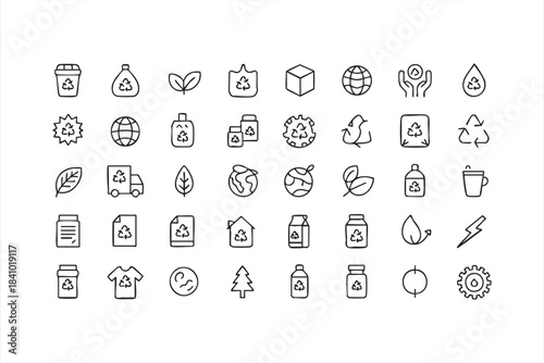 Eco recycling and sustainability line icons for green packaging renewable resources and earth protection