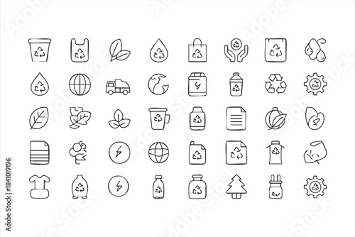 Recycling and eco-product line icons for zero-waste packaging renewable solutions and earth care