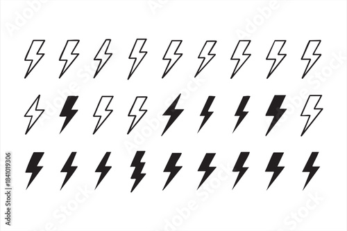 Lightning bolt power icons for electricity charge speed and digital interface design