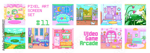 Pixel Art Background Scenes Set. Cute Retro 8Bit Rooms, Landscapes and Game Screens for RPG Worlds, Platformer Levels and Decorative Pixel UI Design