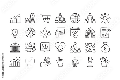 Business analytics vector set for planning investment profitability tracking and team structure