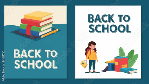Vibrant collection of academic illustrations, depicting essential study materials and a cheerful student preparing for a new school year, perfect for educational promotions and announcements