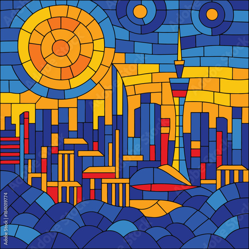 Vibrant Mosaic Cityscape with Sun and Mountains – Colorful Geometric Illustration
