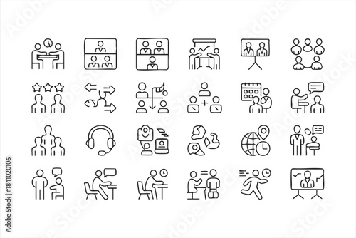 Team communication and workflow icons for presentations scheduling discussions and management