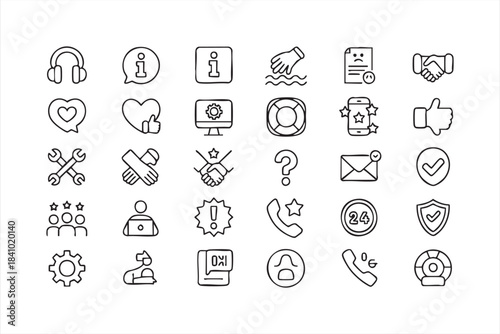 Customer support and service line icons for helpdesk communication troubleshooting and assistance