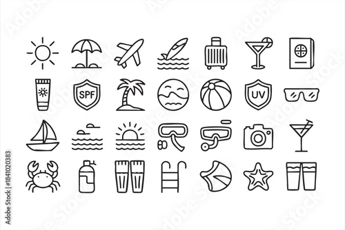 Summer beach vacation icons for travel sun protection ocean fun and tropical leisure